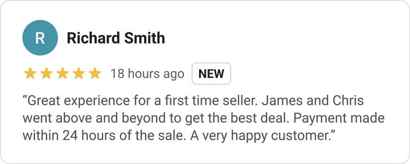 5-star Chrono Hunter review from first-time luxury watch seller Richard Smith, praising expert support, best market offer secured, and fast 24-hour payment from a reputable UK watch buying service.